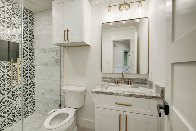 full bathroom featuring vanity, a shower stall, and toilet