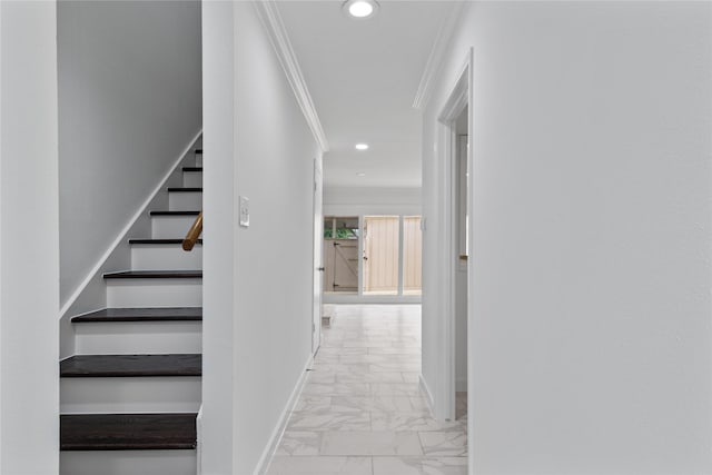 hallway featuring marble finish floor, recessed lighting, baseboards, ornamental molding, and stairway