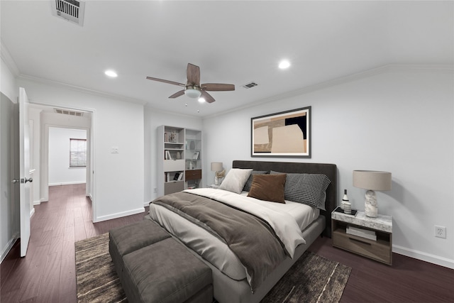 bedroom featuring baseboards, visible vents, and dark wood-style floors