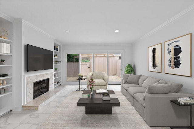 living area with crown molding, recessed lighting, built in shelves, and a premium fireplace
