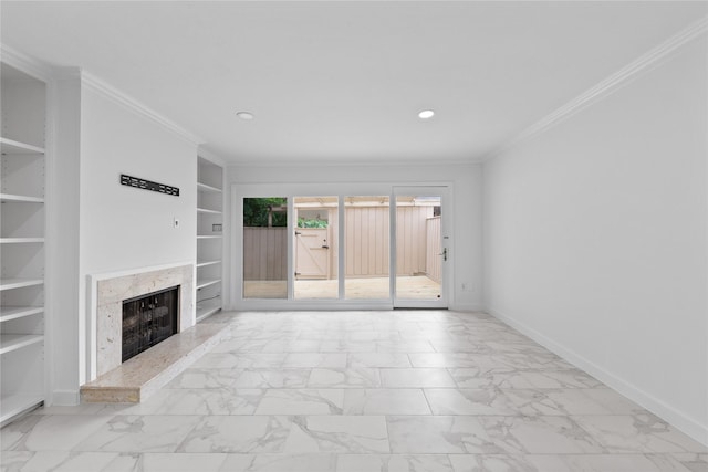 unfurnished living room featuring baseboards, built in shelves, marble finish floor, and a high end fireplace