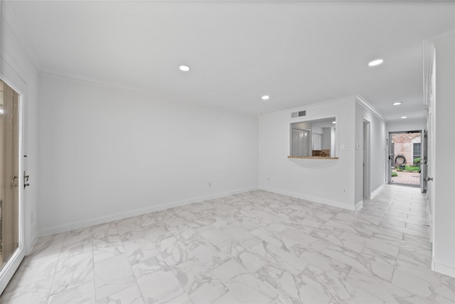 unfurnished room with crown molding, baseboards, recessed lighting, and marble finish floor
