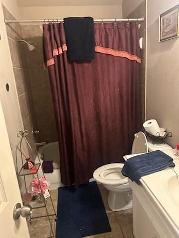 15827 Maple Shores Dr, Houston, TX 77044 - bathroom with toilet, vanity, tile patterned flooring, and shower / bathtub combination with curtain
