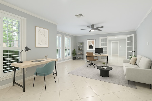 office area with ornamental molding, ceiling fan, baseboards, french doors, and light tile patterned flooring