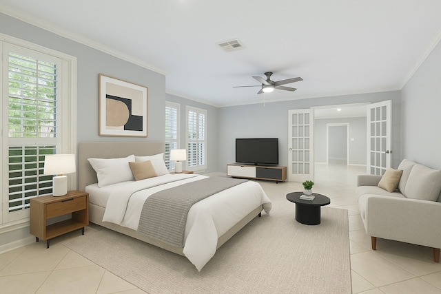 bedroom with light tile patterned flooring, crown molding, multiple windows, and baseboards