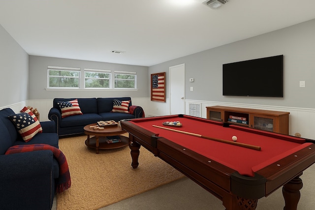 game room featuring a wainscoted wall, carpet, and billiards table
