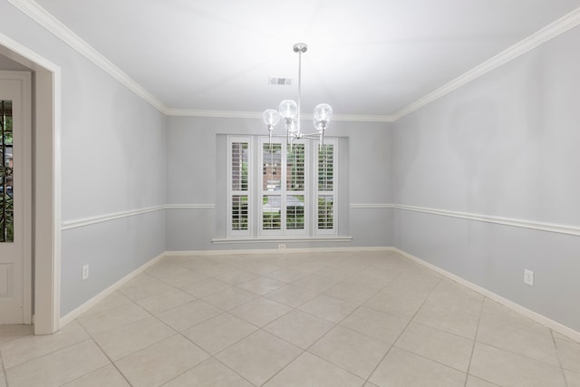 unfurnished dining area featuring light tile patterned floors, ornamental molding, a chandelier, and baseboards
