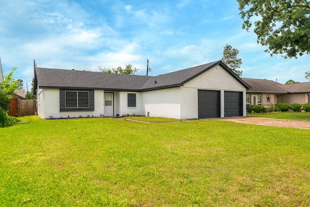 ranch-style house with brick siding, an attached garage, driveway, and fence