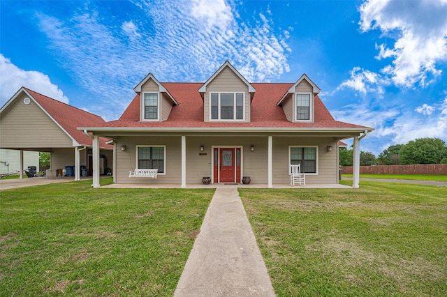 view of front of property featuring fence, a carport, a porch, and a front lawn
