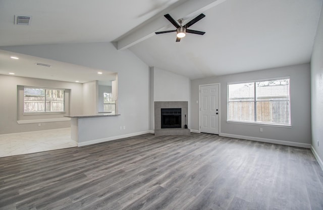 unfurnished living room with vaulted ceiling with beams, ceiling fan, visible vents, and wood finished floors