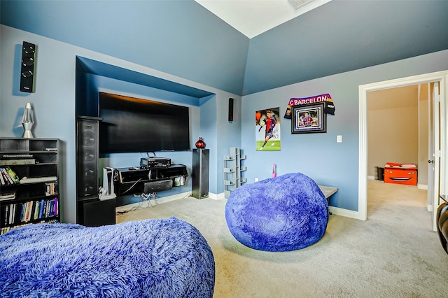 bedroom featuring baseboards, carpet flooring, and lofted ceiling