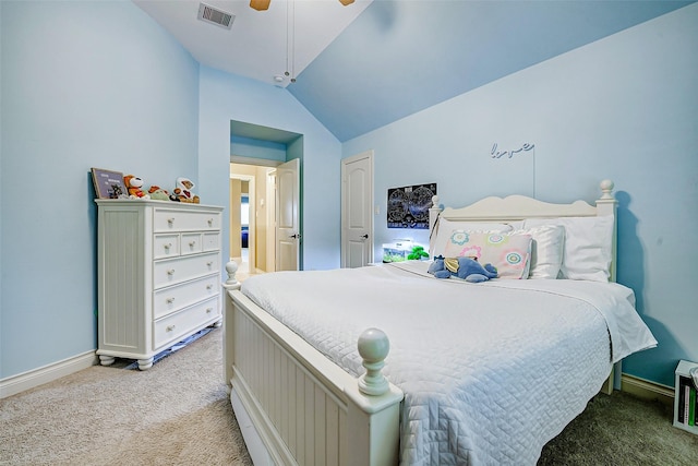 bedroom with ceiling fan, visible vents, vaulted ceiling, baseboards, and light carpet