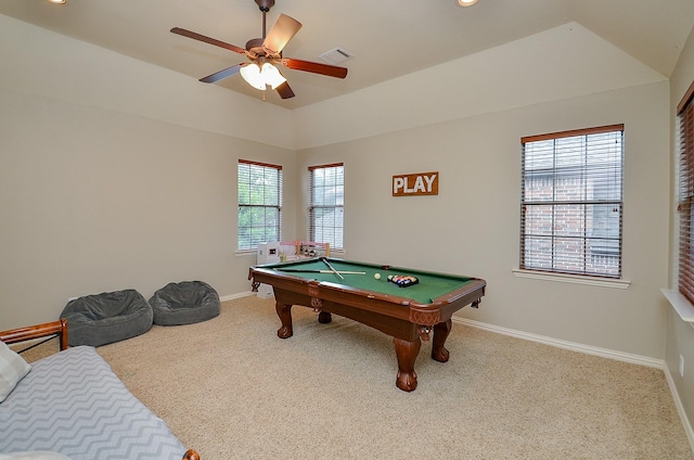 game room with baseboards, plenty of natural light, a ceiling fan, and visible vents