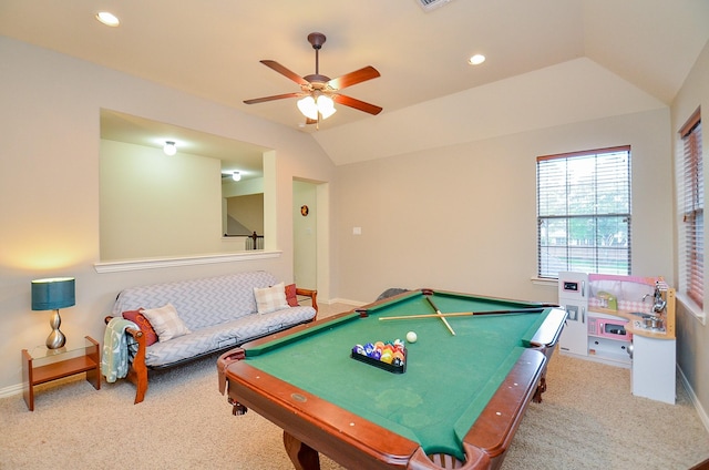 5018 Tramonte Trl, Katy, TX 77494 - game room with a ceiling fan, lofted ceiling, baseboards, pool table, and carpet flooring