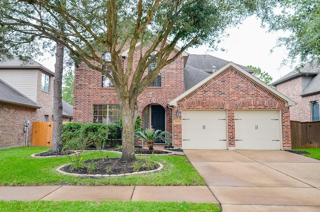 traditional-style house with fence, roof with shingles, an attached garage, brick siding, and concrete driveway