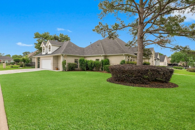 view of front of home featuring a garage, a front lawn, and concrete driveway