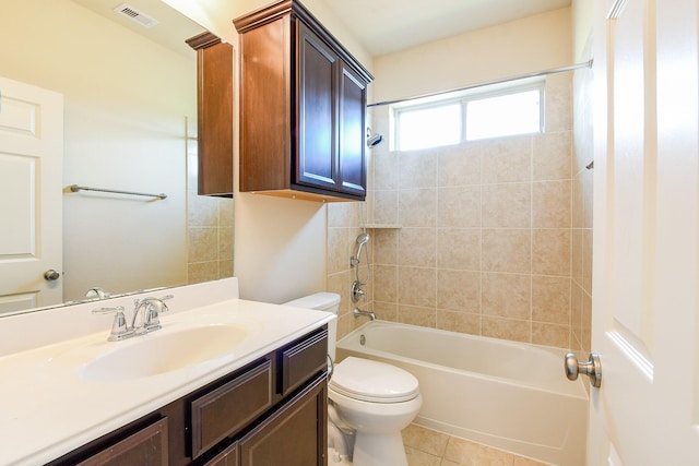 full bath featuring visible vents, vanity, tile patterned floors, toilet, and tub / shower combination