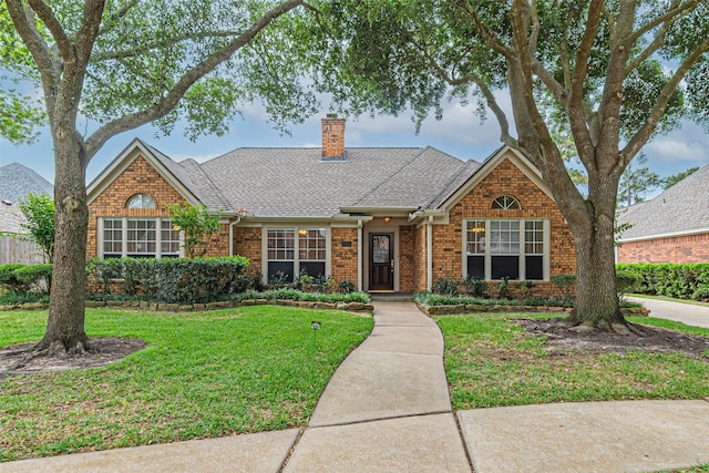 ranch-style home with a shingled roof, a chimney, brick siding, and a front yard