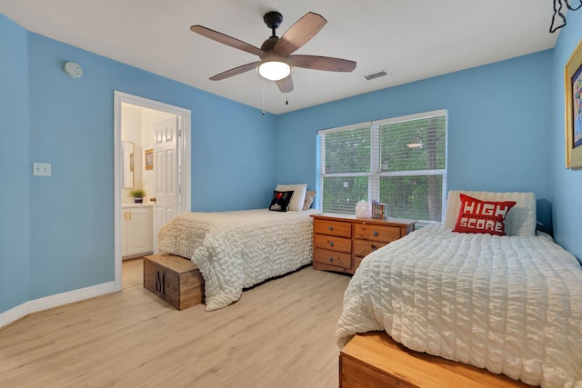 bedroom with visible vents, light wood-style floors, ceiling fan, and baseboards