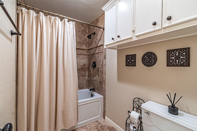full bath with shower / bath combination with curtain, toilet, baseboards, a textured ceiling, and tile patterned floors