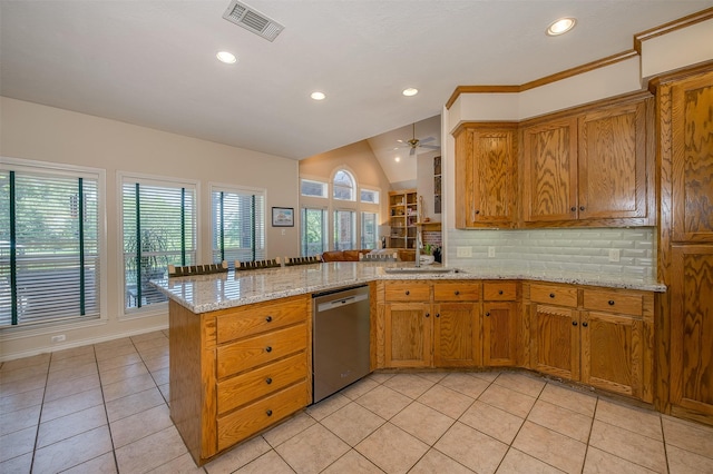 kitchen featuring visible vents, decorative backsplash, a peninsula, recessed lighting, and dishwasher