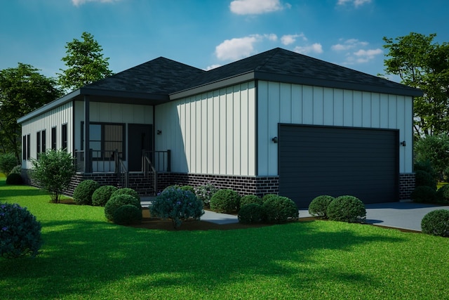 exterior space with a garage, a front yard, roof with shingles, brick siding, and board and batten siding