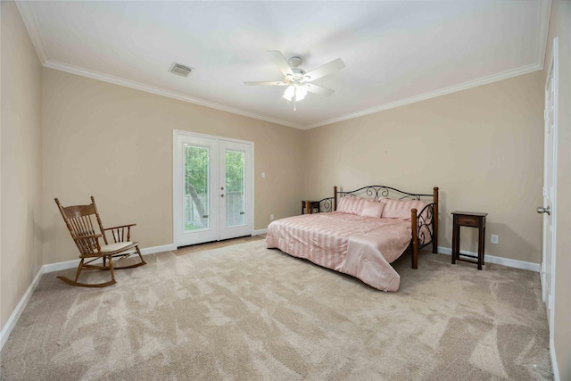 bedroom with carpet flooring, access to outside, and ornamental molding