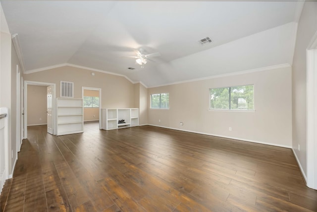 unfurnished living room featuring visible vents, dark wood finished floors, ceiling fan, and vaulted ceiling