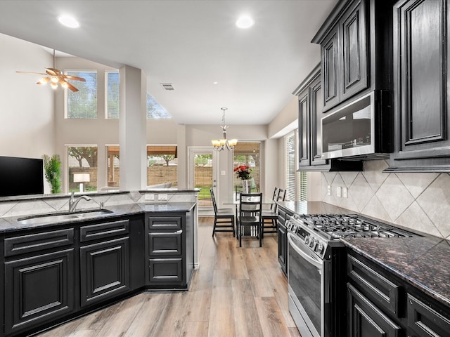 kitchen featuring backsplash, light wood-type flooring, a sink, dark cabinets, and stainless steel appliances