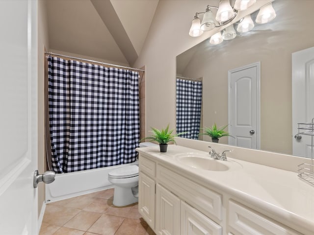 full bath featuring vaulted ceiling, shower / bath combo, vanity, tile patterned floors, and toilet