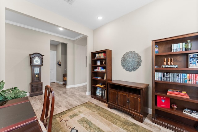 office featuring crown molding, recessed lighting, and baseboards