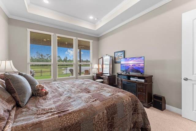 bedroom with crown molding, carpet floors, baseboards, and a raised ceiling