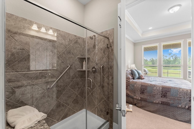 full bathroom featuring ornamental molding, a raised ceiling, and a shower stall