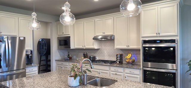 kitchen featuring a sink, under cabinet range hood, tasteful backsplash, and stainless steel appliances