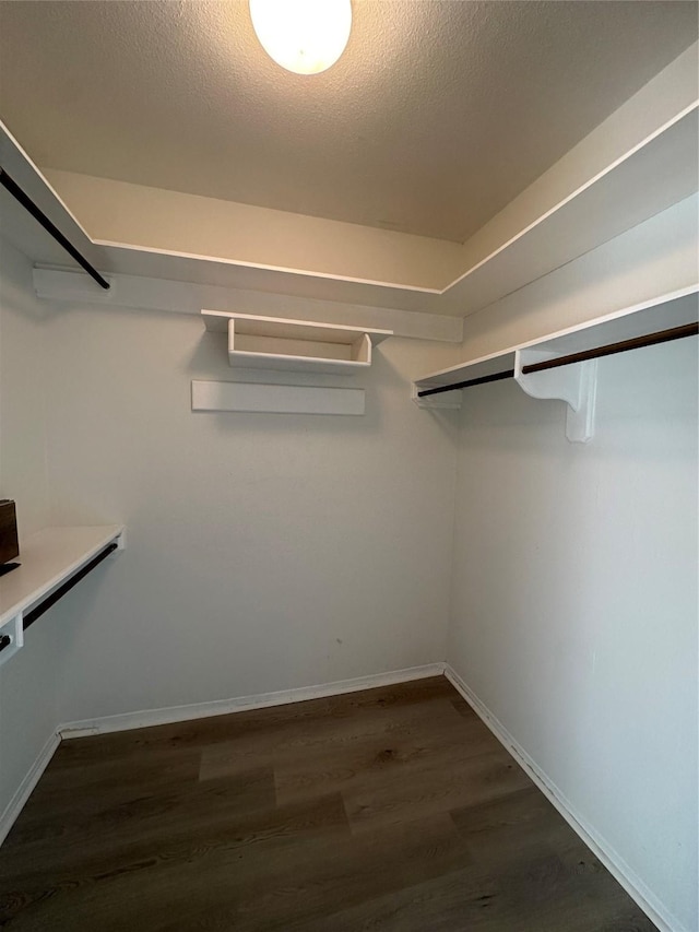 walk in closet with dark wood-type flooring