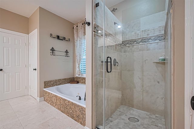 full bath with a shower stall, a bath, and tile patterned floors