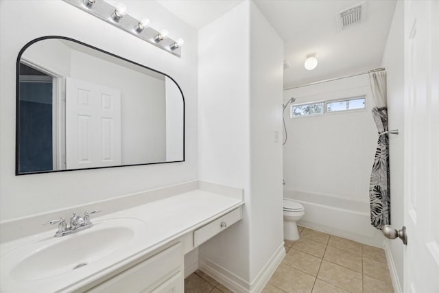 bathroom featuring visible vents, shower / bath combo, tile patterned floors, vanity, and toilet