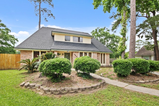 view of front of property featuring brick siding, a shingled roof, a front lawn, and fence