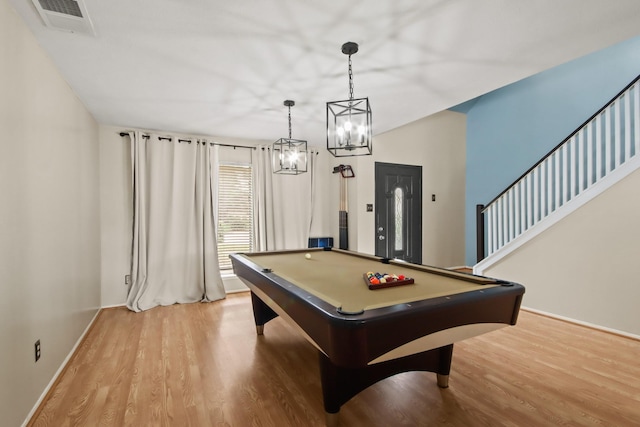 playroom featuring baseboards, pool table, light wood-style flooring, and visible vents