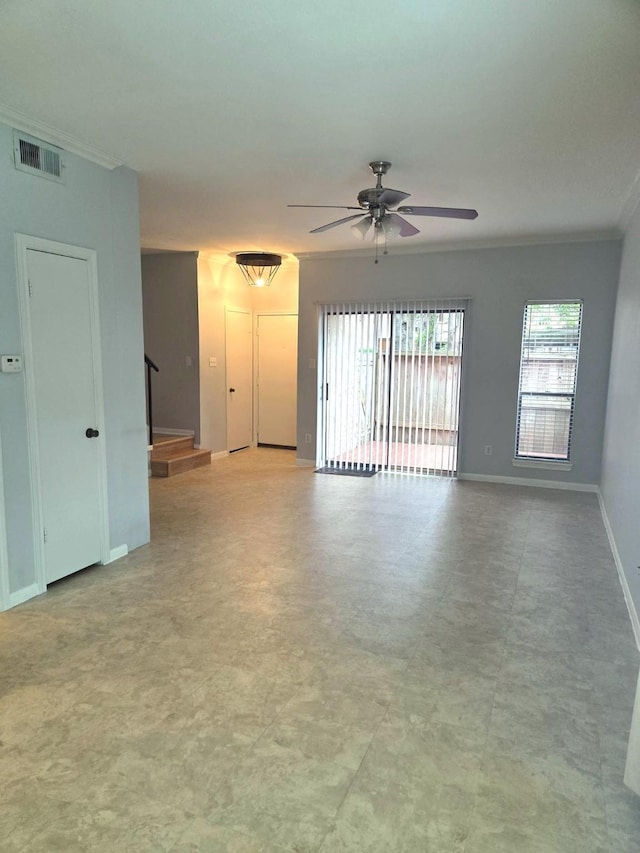 11711 Memorial Dr Unit 97, Houston, TX 77024 - unfurnished living room featuring crown molding, visible vents, baseboards, ceiling fan, and stairway