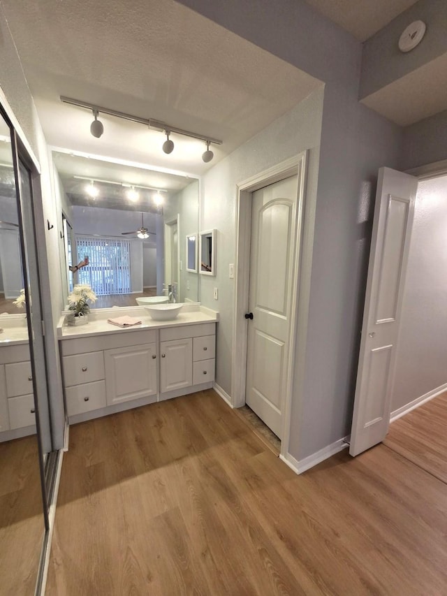 11711 Memorial Dr Unit 97, Houston, TX 77024 - bathroom featuring vanity, track lighting, wood finished floors, baseboards, and a ceiling fan