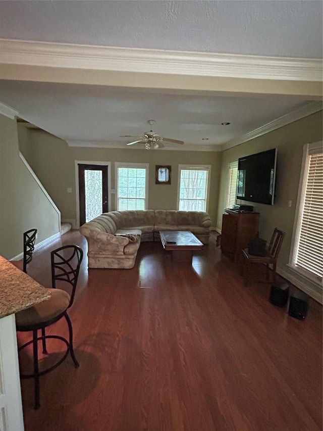 living room featuring baseboards, ornamental molding, a ceiling fan, and wood finished floors