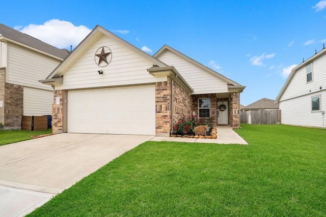 single story home featuring fence, brick siding, a garage, a front yard, and driveway