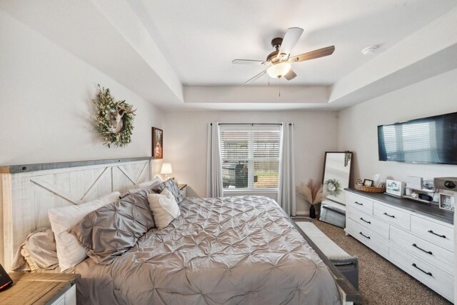 carpeted bedroom featuring a raised ceiling and ceiling fan