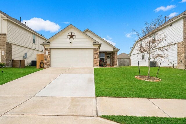 ranch-style house featuring concrete driveway, central AC, an attached garage, and a front yard