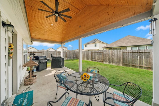 view of patio with a fenced backyard, ceiling fan, grilling area, and outdoor dining space