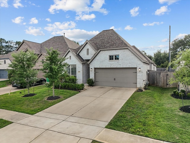 french country home featuring fence, a garage, a front lawn, and brick siding