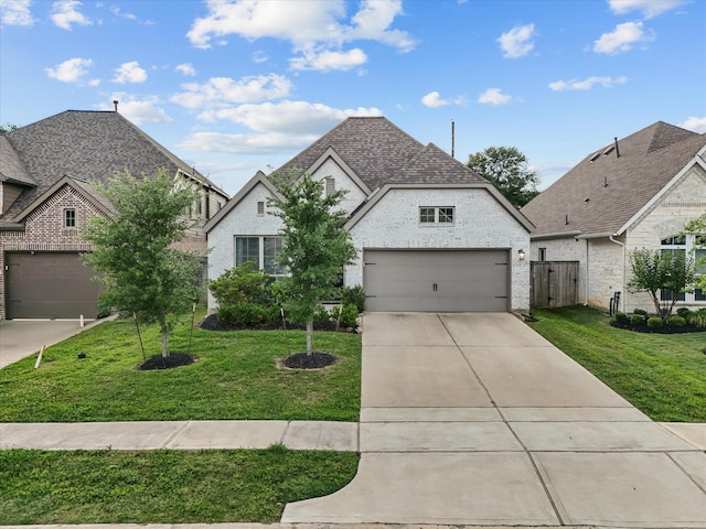 french provincial home with brick siding, driveway, a shingled roof, and a front lawn