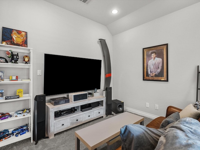 living area with carpet floors, recessed lighting, baseboards, and vaulted ceiling