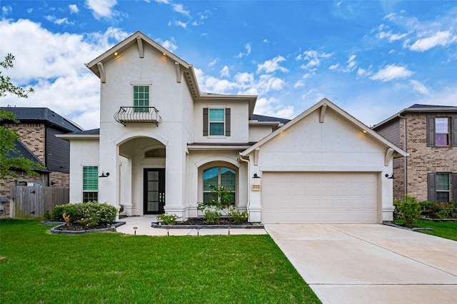 mediterranean / spanish-style home featuring a garage, a front lawn, stucco siding, and fence